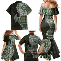 Fijian Masi Tribal Tattoos Art Pattern Family Matching Mermaid Dress and Hawaiian Shirt Green Color Half Style LT03 - Polynesian Pride
