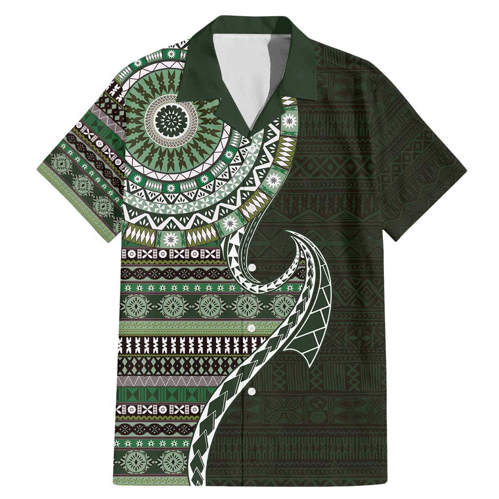 Fijian Masi Tribal Tattoos Art Pattern Family Matching Mermaid Dress and Hawaiian Shirt Green Color Half Style LT03 Dad's Shirt - Short Sleeve Green - Polynesian Pride