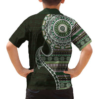 Fijian Masi Tribal Tattoos Art Pattern Family Matching Off The Shoulder Long Sleeve Dress and Hawaiian Shirt Green Color Half Style LT03 - Polynesian Pride