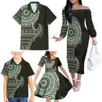 Fijian Masi Tribal Tattoos Art Pattern Family Matching Off The Shoulder Long Sleeve Dress and Hawaiian Shirt Green Color Half Style LT03 - Polynesian Pride