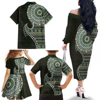 Fijian Masi Tribal Tattoos Art Pattern Family Matching Off The Shoulder Long Sleeve Dress and Hawaiian Shirt Green Color Half Style LT03 - Polynesian Pride