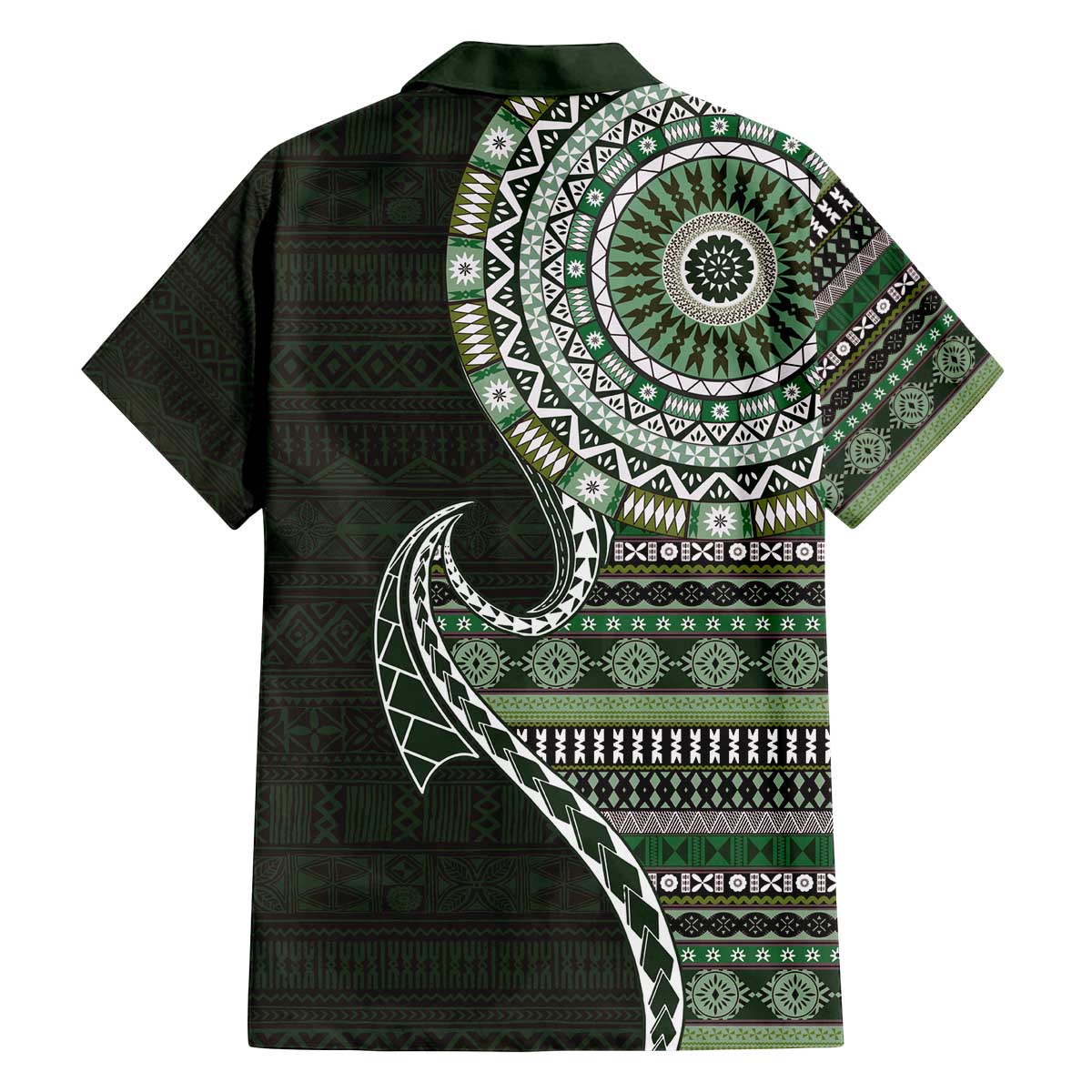 Fijian Masi Tribal Tattoos Art Pattern Family Matching Off The Shoulder Long Sleeve Dress and Hawaiian Shirt Green Color Half Style LT03 - Polynesian Pride