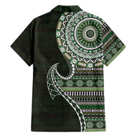 Fijian Masi Tribal Tattoos Art Pattern Family Matching Off The Shoulder Long Sleeve Dress and Hawaiian Shirt Green Color Half Style LT03 - Polynesian Pride