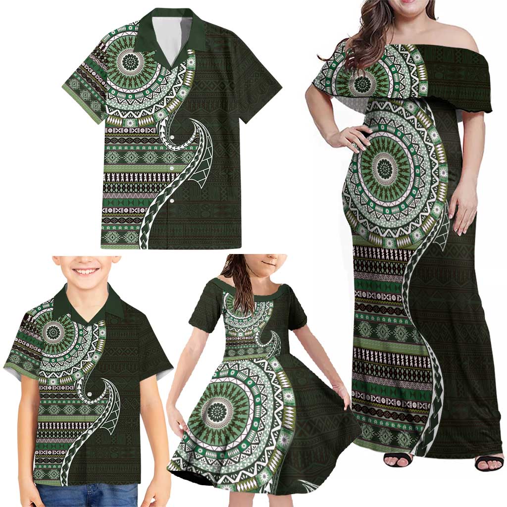 Fijian Masi Tribal Tattoos Art Pattern Family Matching Off Shoulder Maxi Dress and Hawaiian Shirt Green Color Half Style LT03 - Polynesian Pride