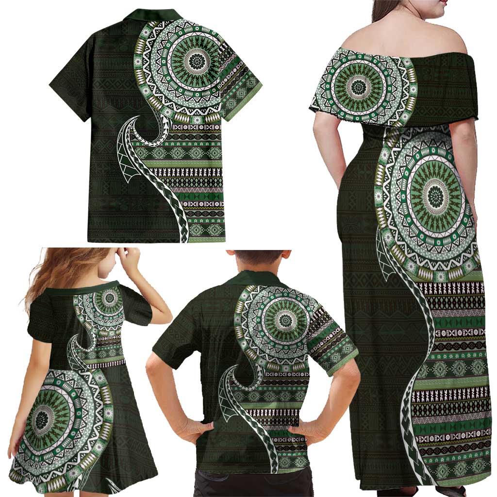 Fijian Masi Tribal Tattoos Art Pattern Family Matching Off Shoulder Maxi Dress and Hawaiian Shirt Green Color Half Style LT03 - Polynesian Pride