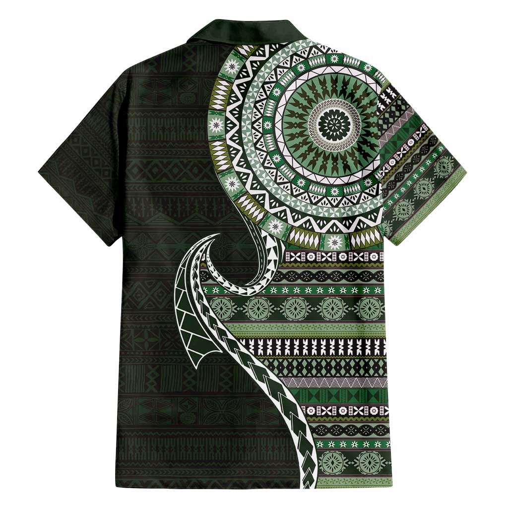 Fijian Masi Tribal Tattoos Art Pattern Family Matching Off Shoulder Maxi Dress and Hawaiian Shirt Green Color Half Style LT03 - Polynesian Pride