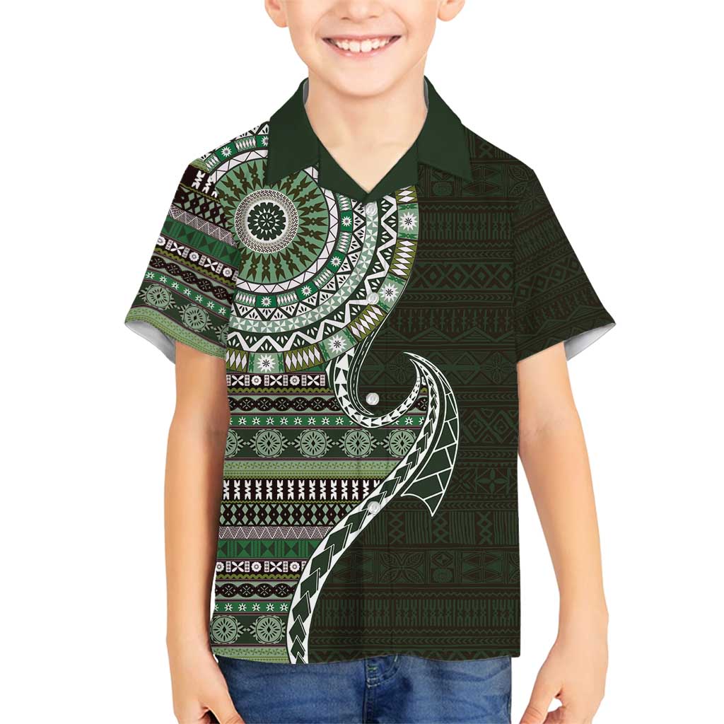 Fijian Masi Tribal Tattoos Art Pattern Family Matching Off Shoulder Maxi Dress and Hawaiian Shirt Green Color Half Style LT03 Son's Shirt Green - Polynesian Pride