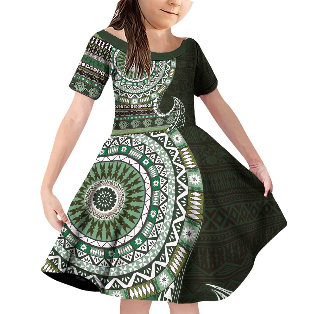 Fijian Masi Tribal Tattoos Art Pattern Family Matching Off Shoulder Short Dress and Hawaiian Shirt Green Color Half Style LT03 Daughter's Dress Green - Polynesian Pride