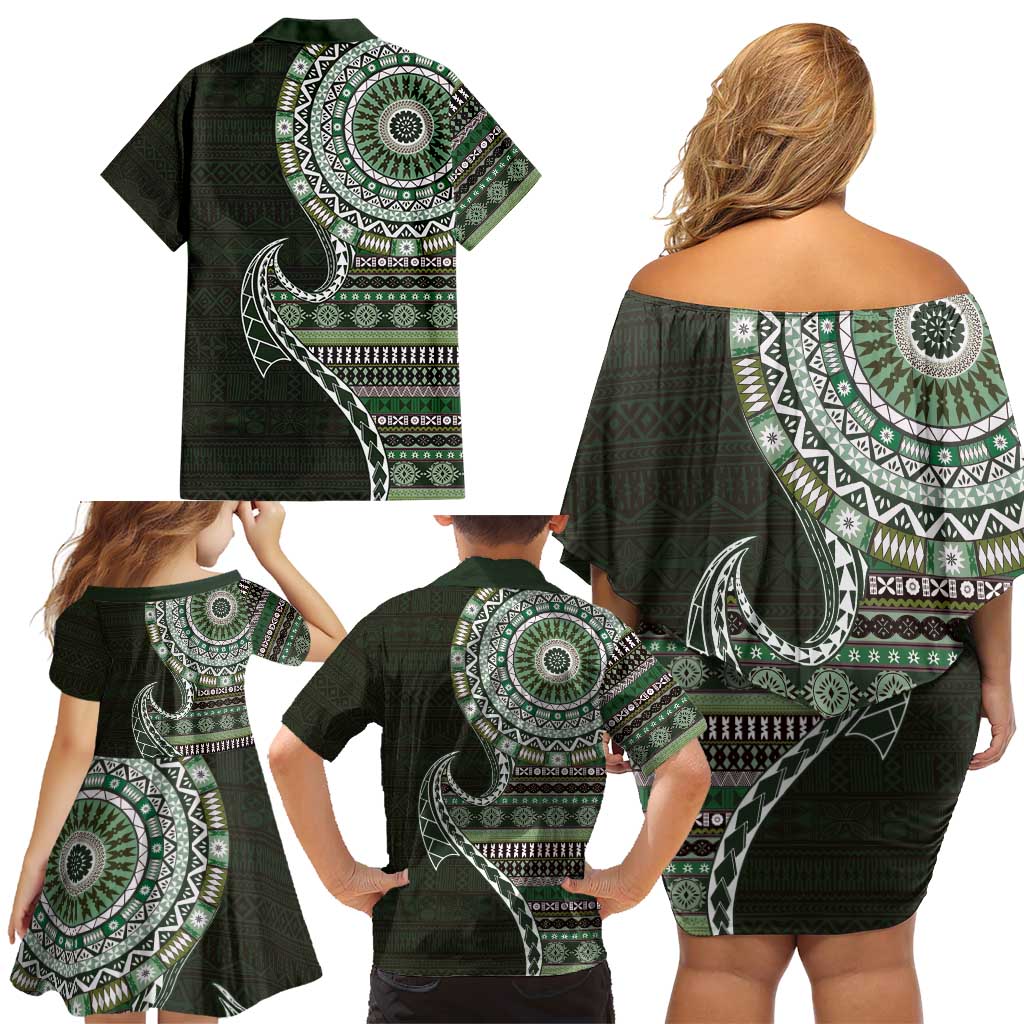 Fijian Masi Tribal Tattoos Art Pattern Family Matching Off Shoulder Short Dress and Hawaiian Shirt Green Color Half Style LT03 - Polynesian Pride