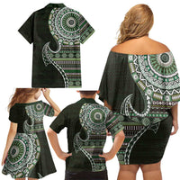 Fijian Masi Tribal Tattoos Art Pattern Family Matching Off Shoulder Short Dress and Hawaiian Shirt Green Color Half Style LT03 - Polynesian Pride