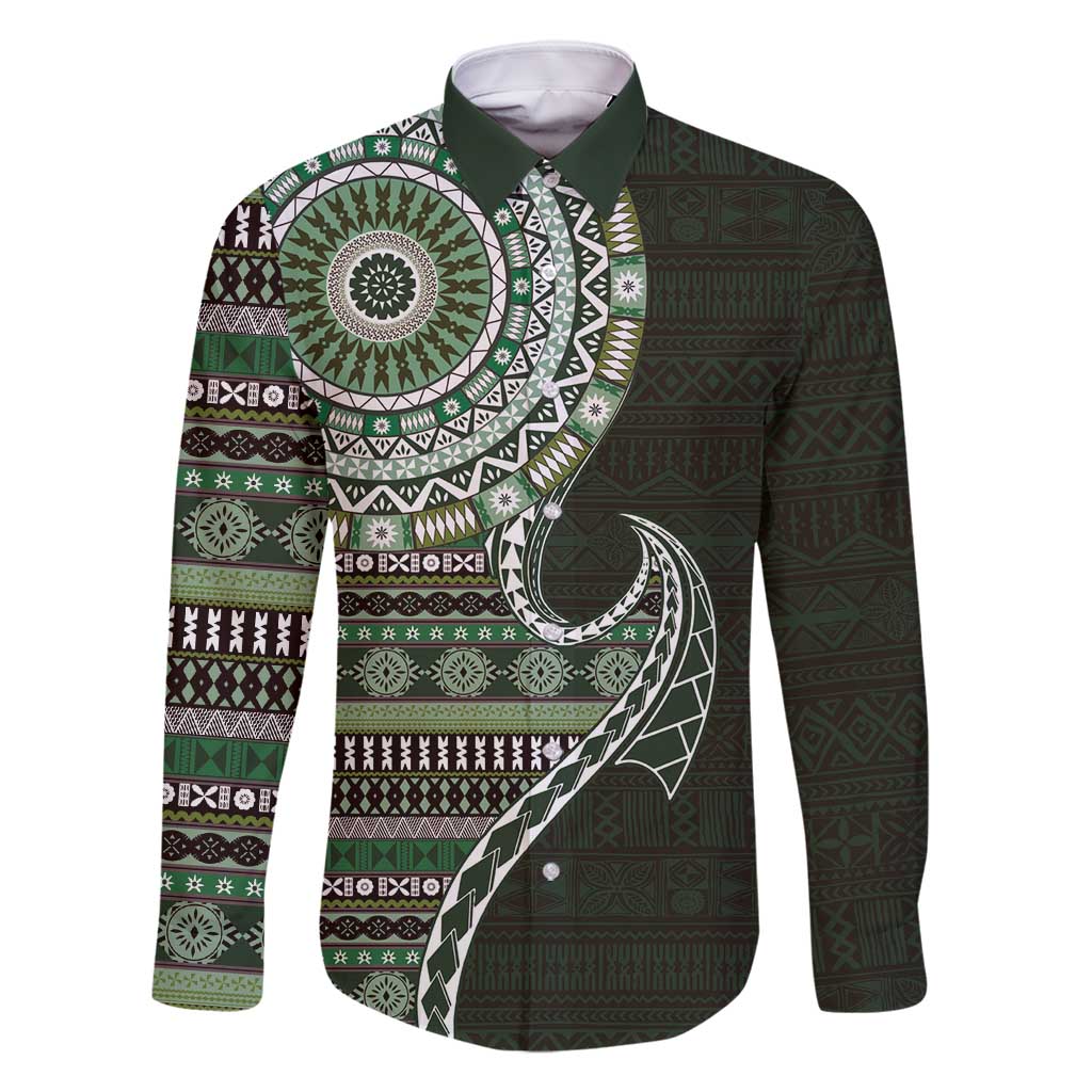 Fijian Masi Tribal Tattoos Art Pattern Family Matching Off Shoulder Short Dress and Hawaiian Shirt Green Color Half Style LT03 Dad's Shirt - Long Sleeve Green - Polynesian Pride