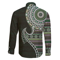 Fijian Masi Tribal Tattoos Art Pattern Family Matching Off Shoulder Short Dress and Hawaiian Shirt Green Color Half Style LT03 - Polynesian Pride
