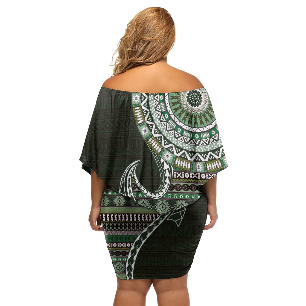 Fijian Masi Tribal Tattoos Art Pattern Family Matching Off Shoulder Short Dress and Hawaiian Shirt Green Color Half Style LT03 - Polynesian Pride