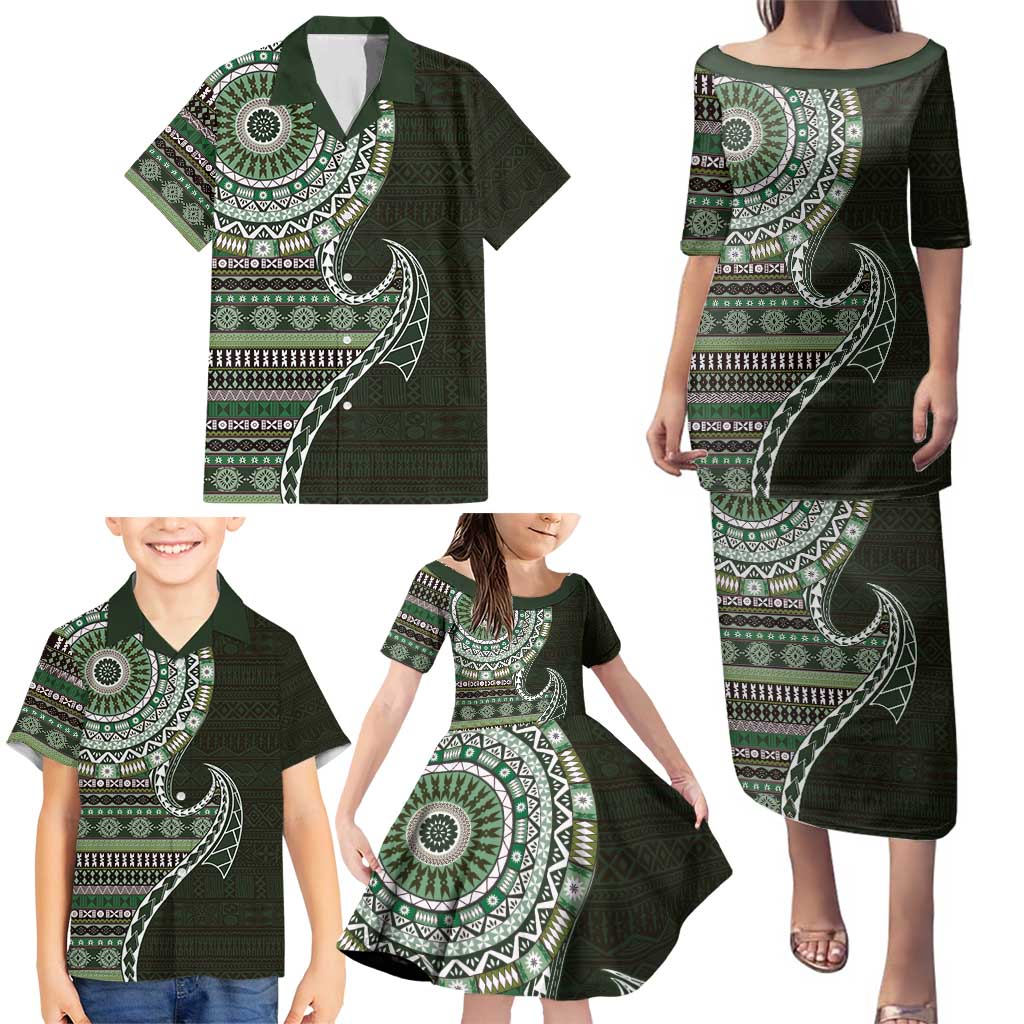 Fijian Masi Tribal Tattoos Art Pattern Family Matching Puletasi and Hawaiian Shirt Green Color Half Style LT03 - Polynesian Pride