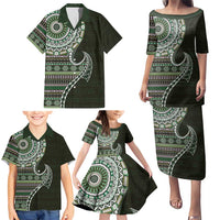 Fijian Masi Tribal Tattoos Art Pattern Family Matching Puletasi and Hawaiian Shirt Green Color Half Style LT03 - Polynesian Pride