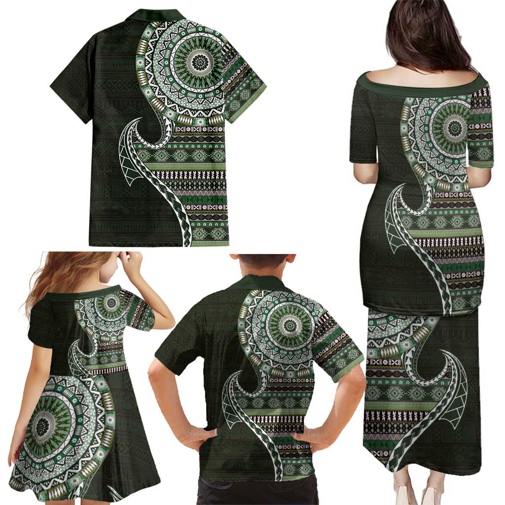 Fijian Masi Tribal Tattoos Art Pattern Family Matching Puletasi and Hawaiian Shirt Green Color Half Style LT03 - Polynesian Pride