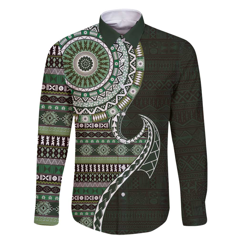 Fijian Masi Tribal Tattoos Art Pattern Family Matching Puletasi and Hawaiian Shirt Green Color Half Style LT03 Dad's Shirt - Long Sleeve Green - Polynesian Pride