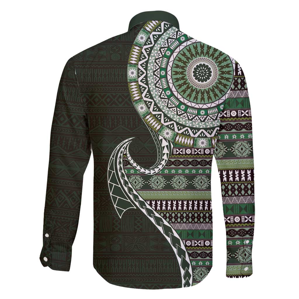 Fijian Masi Tribal Tattoos Art Pattern Family Matching Puletasi and Hawaiian Shirt Green Color Half Style LT03 - Polynesian Pride