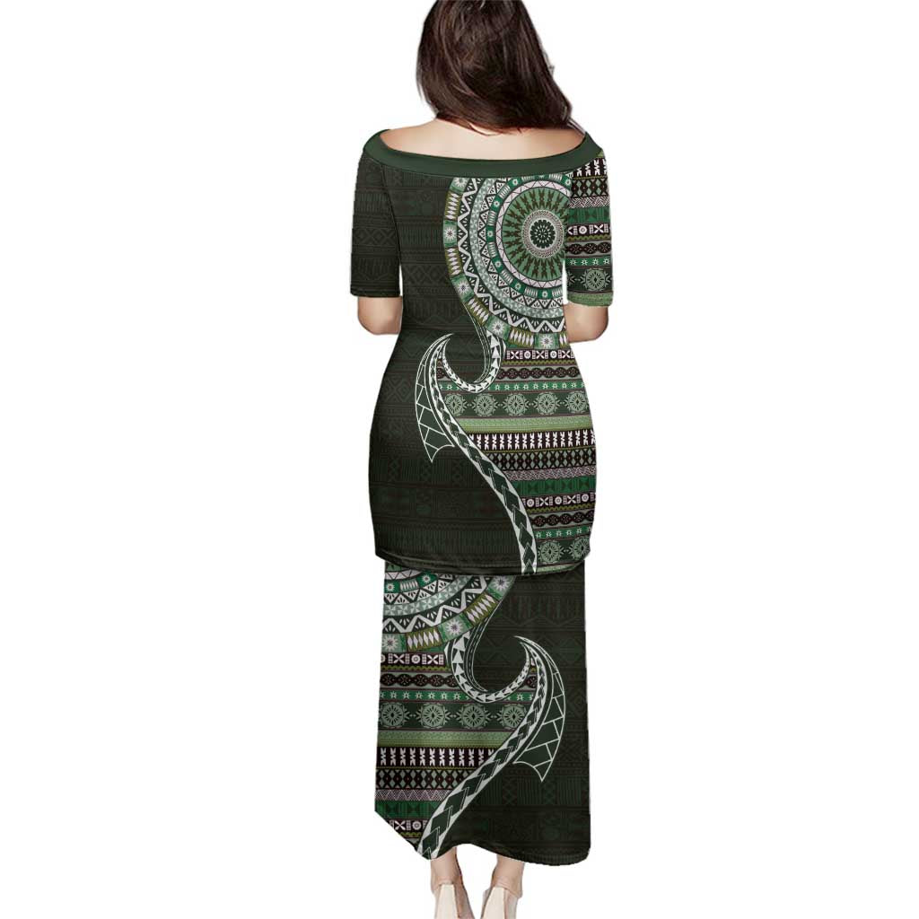 Fijian Masi Tribal Tattoos Art Pattern Family Matching Puletasi and Hawaiian Shirt Green Color Half Style LT03 - Polynesian Pride
