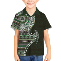 Fijian Masi Tribal Tattoos Art Pattern Family Matching Puletasi and Hawaiian Shirt Green Color Half Style LT03 Son's Shirt Green - Polynesian Pride