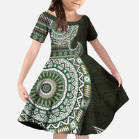 Fijian Masi Tribal Tattoos Art Pattern Family Matching Short Sleeve Bodycon Dress and Hawaiian Shirt Green Color Half Style LT03 Daughter's Dress Green - Polynesian Pride