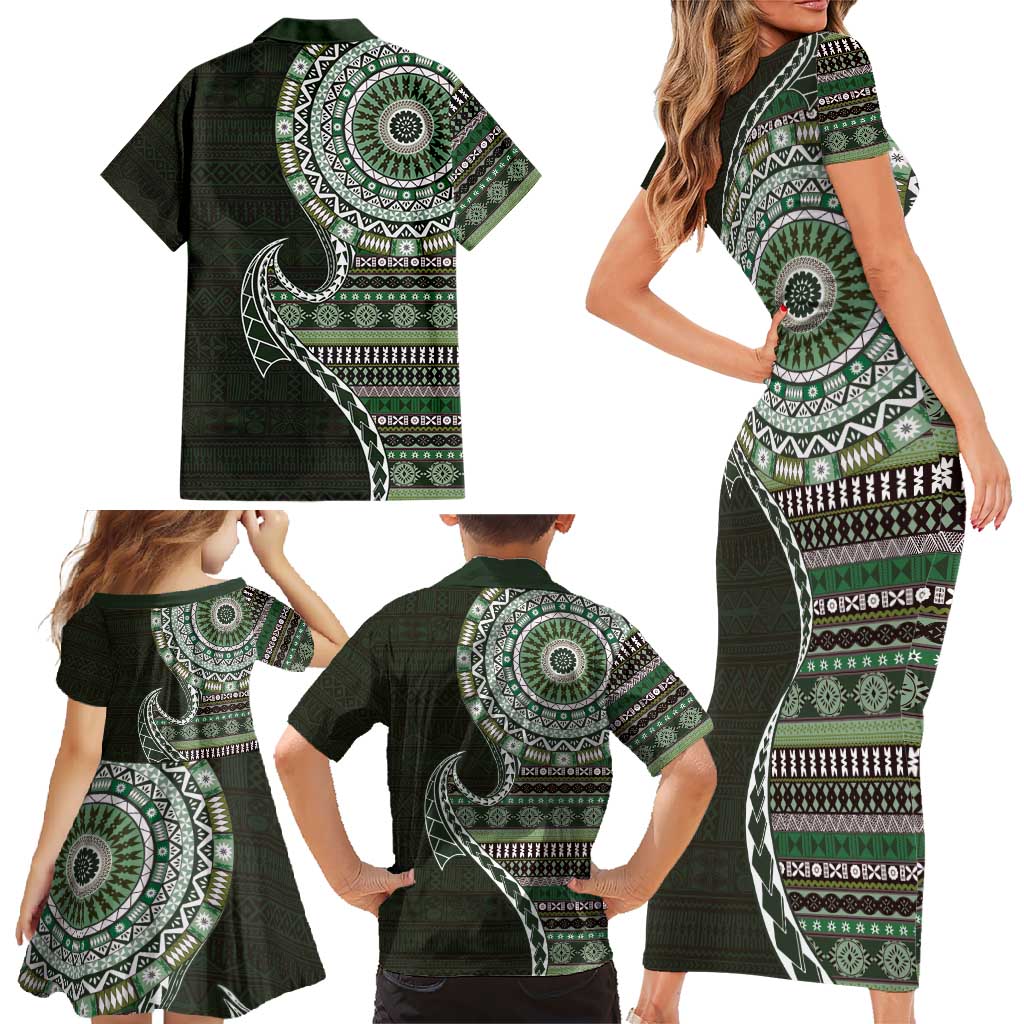 Fijian Masi Tribal Tattoos Art Pattern Family Matching Short Sleeve Bodycon Dress and Hawaiian Shirt Green Color Half Style LT03 - Polynesian Pride