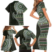 Fijian Masi Tribal Tattoos Art Pattern Family Matching Short Sleeve Bodycon Dress and Hawaiian Shirt Green Color Half Style LT03 - Polynesian Pride