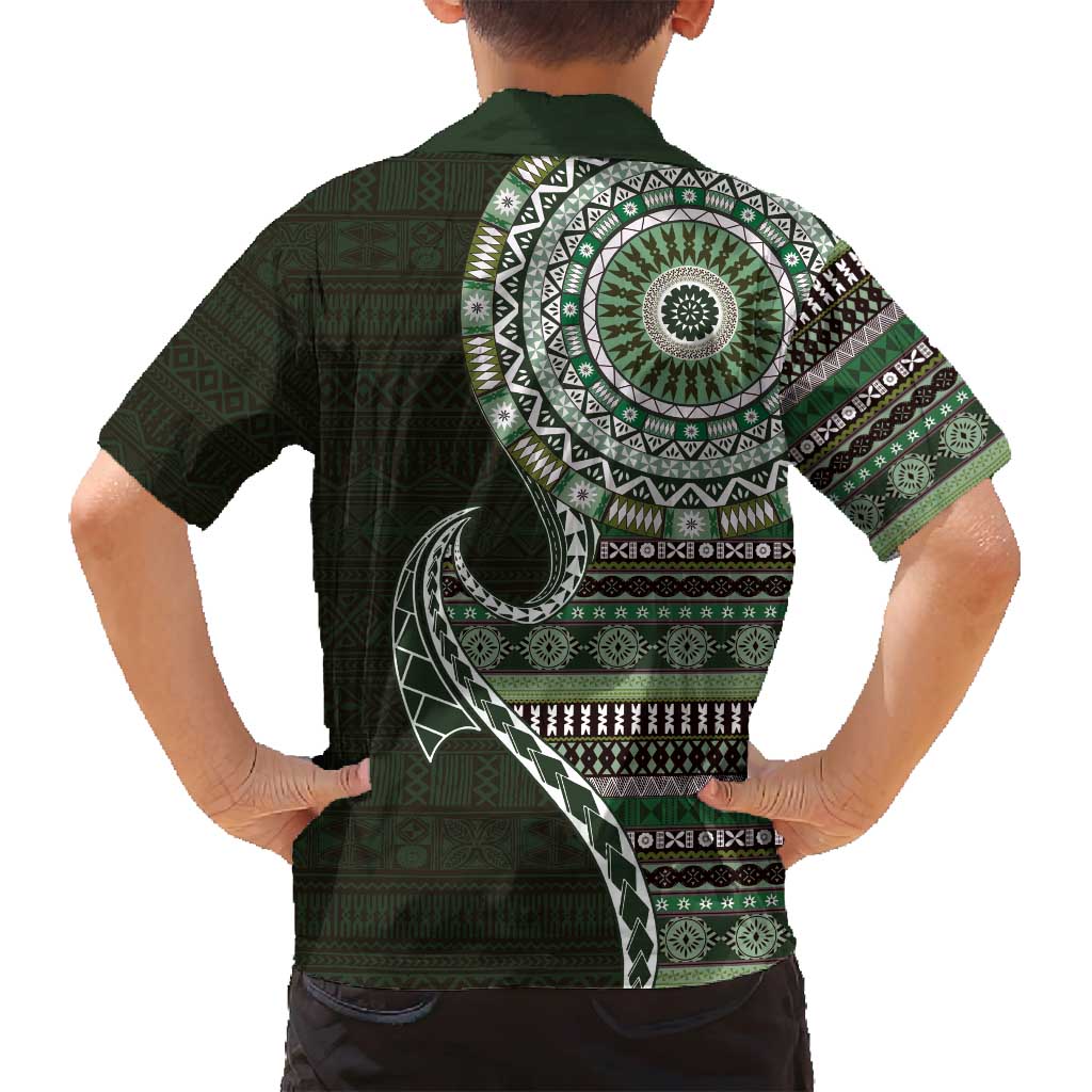 Fijian Masi Tribal Tattoos Art Pattern Family Matching Summer Maxi Dress and Hawaiian Shirt Green Color Half Style LT03 - Polynesian Pride