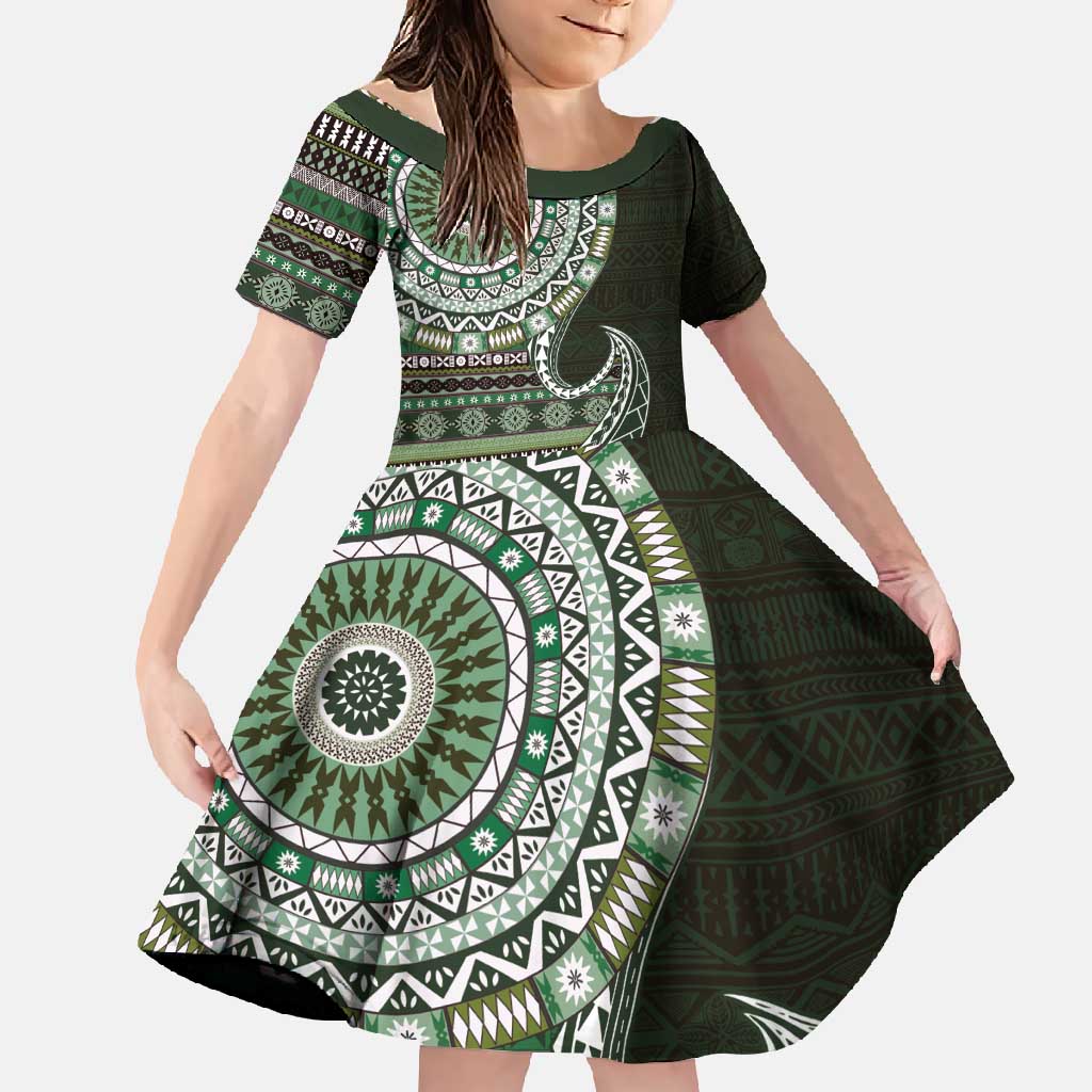 Fijian Masi Tribal Tattoos Art Pattern Family Matching Summer Maxi Dress and Hawaiian Shirt Green Color Half Style LT03 Daughter's Dress Green - Polynesian Pride