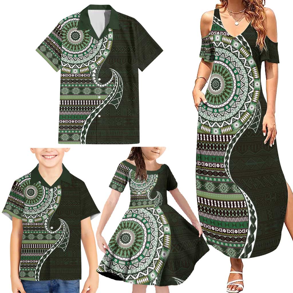 Fijian Masi Tribal Tattoos Art Pattern Family Matching Summer Maxi Dress and Hawaiian Shirt Green Color Half Style LT03 - Polynesian Pride