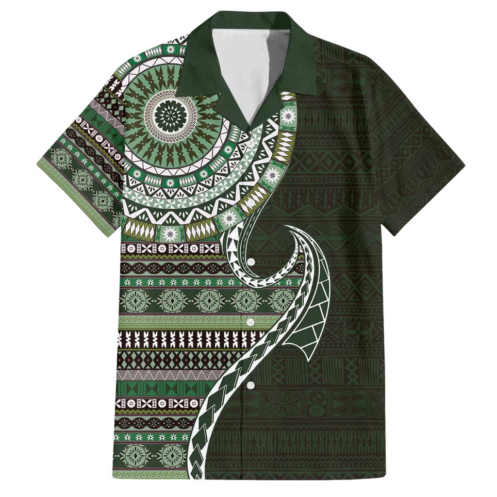 Fijian Masi Tribal Tattoos Art Pattern Family Matching Summer Maxi Dress and Hawaiian Shirt Green Color Half Style LT03 Dad's Shirt - Short Sleeve Green - Polynesian Pride