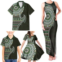 Fijian Masi Tribal Tattoos Art Pattern Family Matching Tank Maxi Dress and Hawaiian Shirt Green Color Half Style LT03 - Polynesian Pride