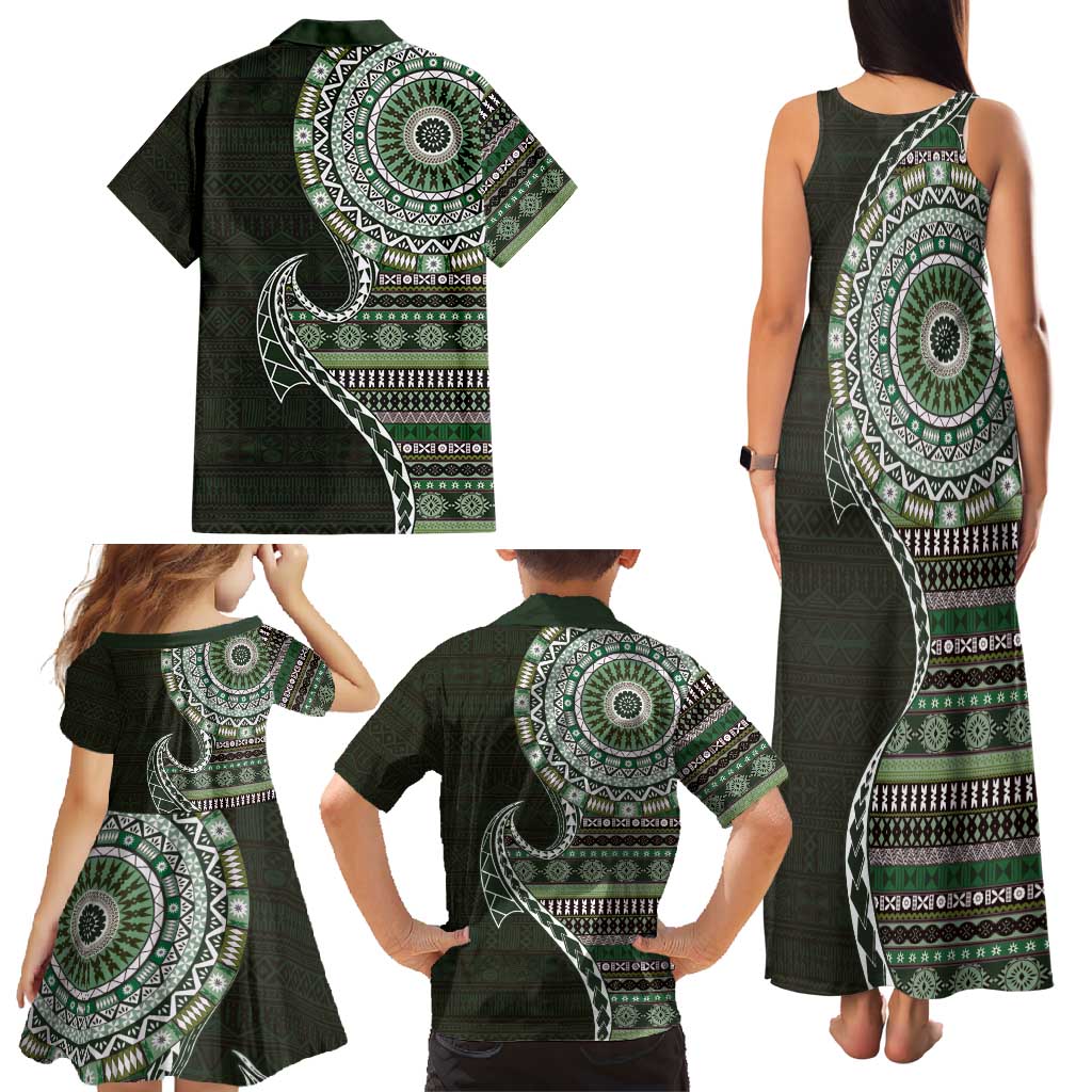Fijian Masi Tribal Tattoos Art Pattern Family Matching Tank Maxi Dress and Hawaiian Shirt Green Color Half Style LT03 - Polynesian Pride
