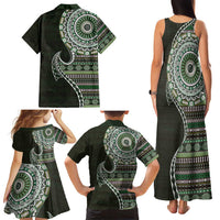 Fijian Masi Tribal Tattoos Art Pattern Family Matching Tank Maxi Dress and Hawaiian Shirt Green Color Half Style LT03 - Polynesian Pride