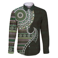 Fijian Masi Tribal Tattoos Art Pattern Family Matching Tank Maxi Dress and Hawaiian Shirt Green Color Half Style LT03 Dad's Shirt - Long Sleeve Green - Polynesian Pride