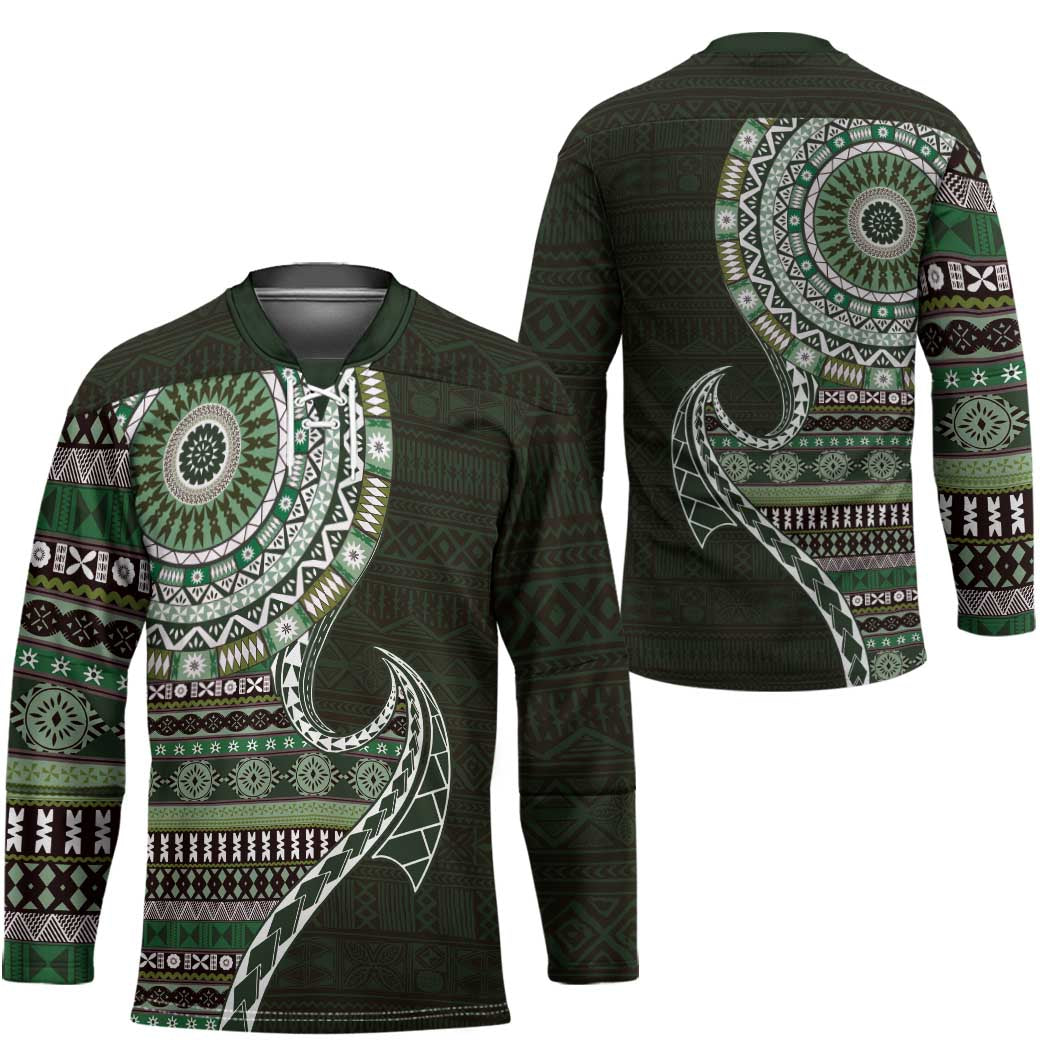Fijian Masi Tribal Tattoos Art Pattern Hockey Jersey Green Color Half Style - Polynesian Pride