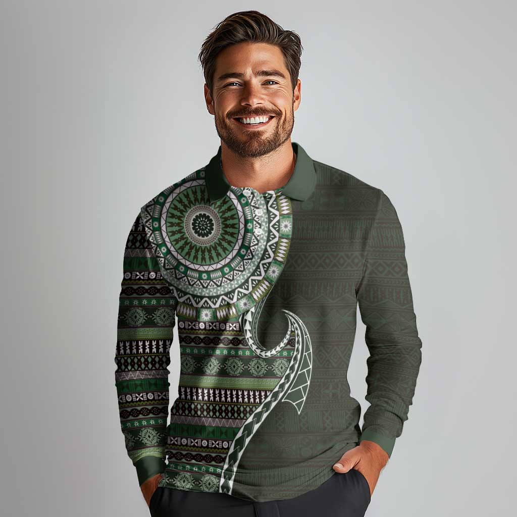 Fijian Masi Tribal Tattoos Art Pattern Long Sleeve Polo Shirt Green Color Half Style - Polynesian Pride