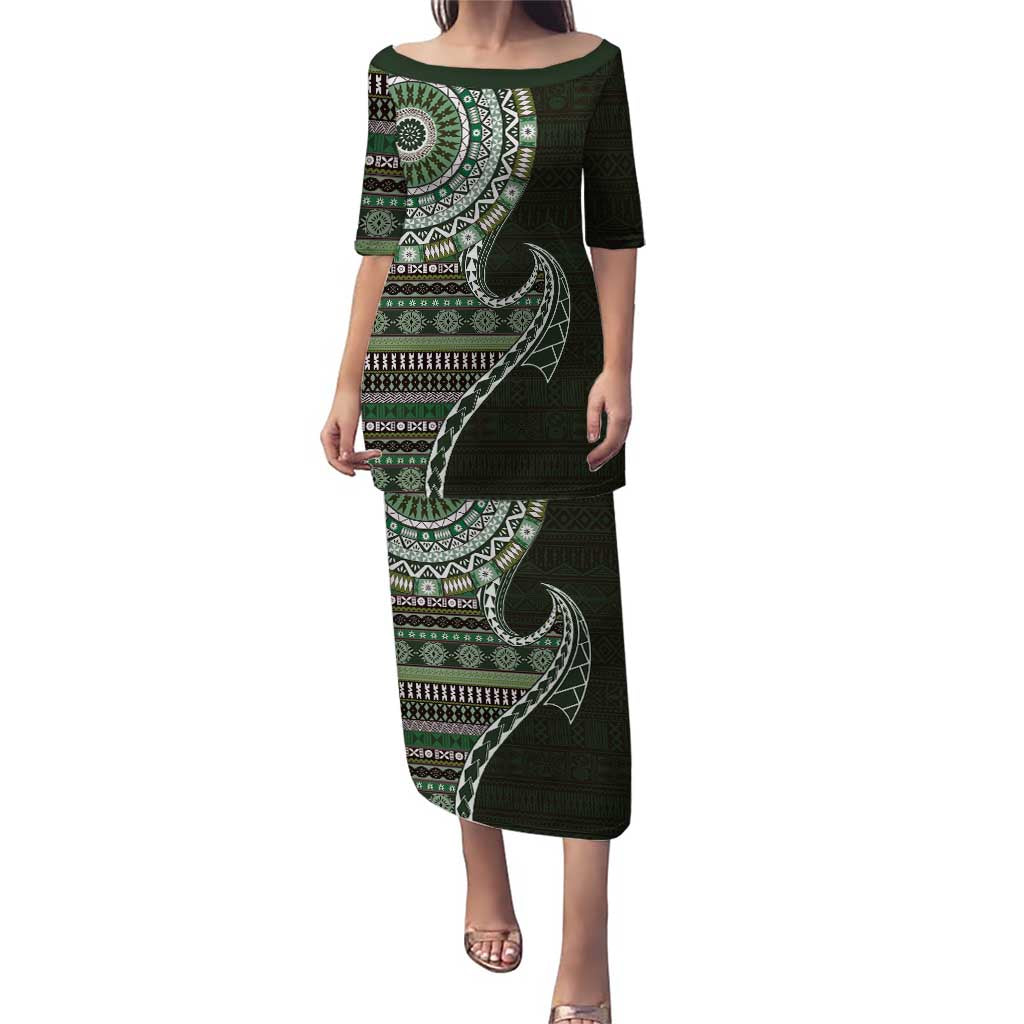 Fijian Masi Tribal Tattoos Art Pattern Puletasi Green Color Half Style - Polynesian Pride