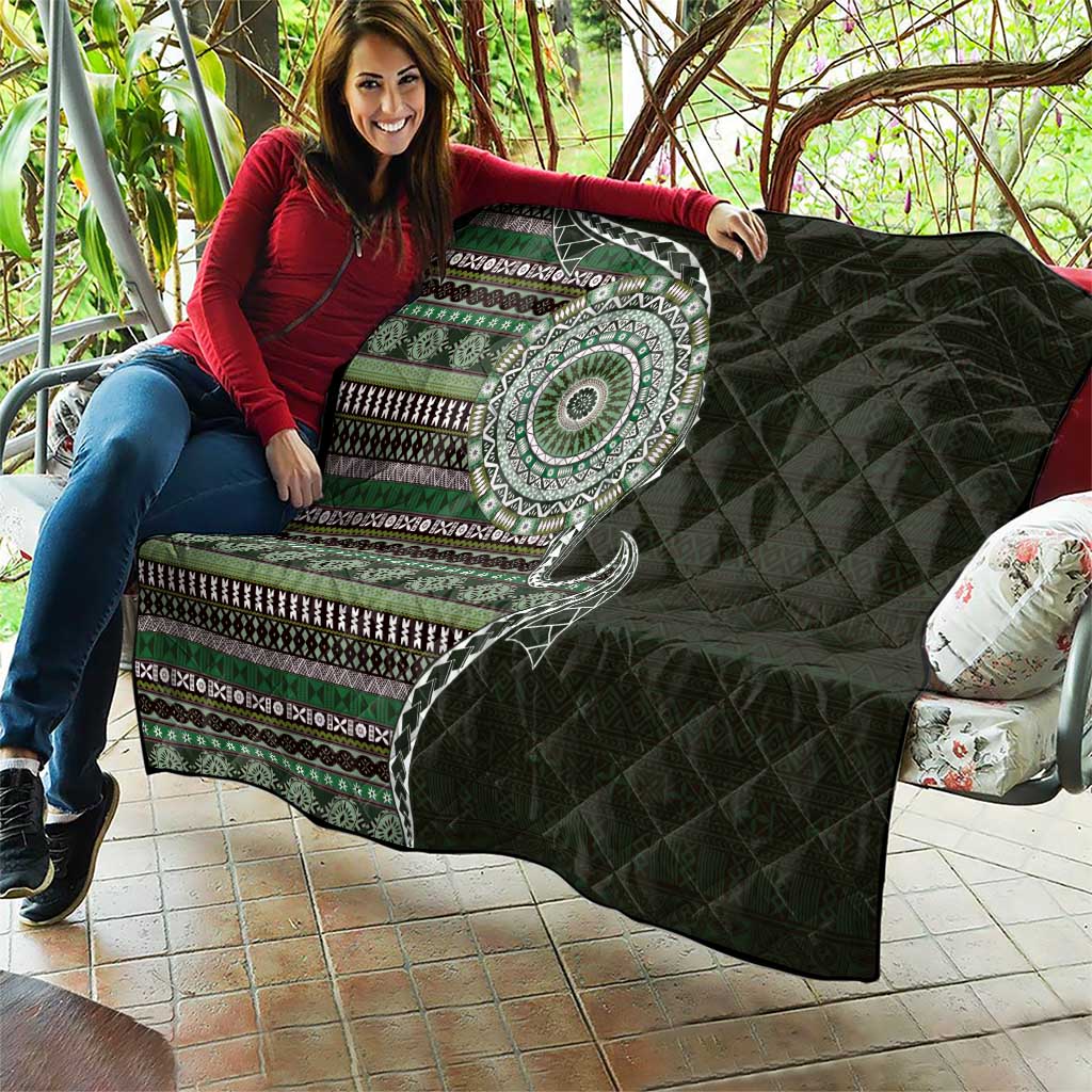 Fijian Masi Tribal Tattoos Art Pattern Quilt Green Color Half Style - Polynesian Pride