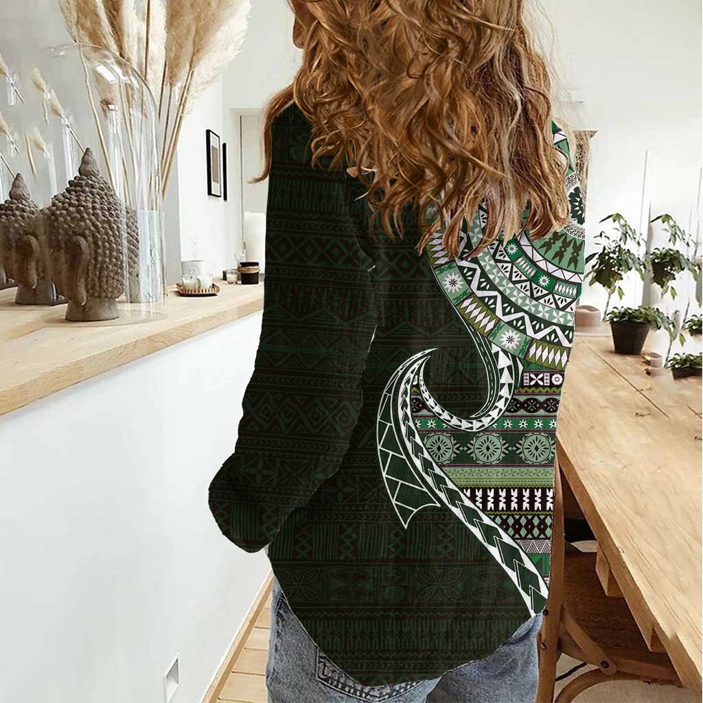 Fijian Masi Tribal Tattoos Art Pattern Women Casual Shirt Green Color Half Style - Polynesian Pride