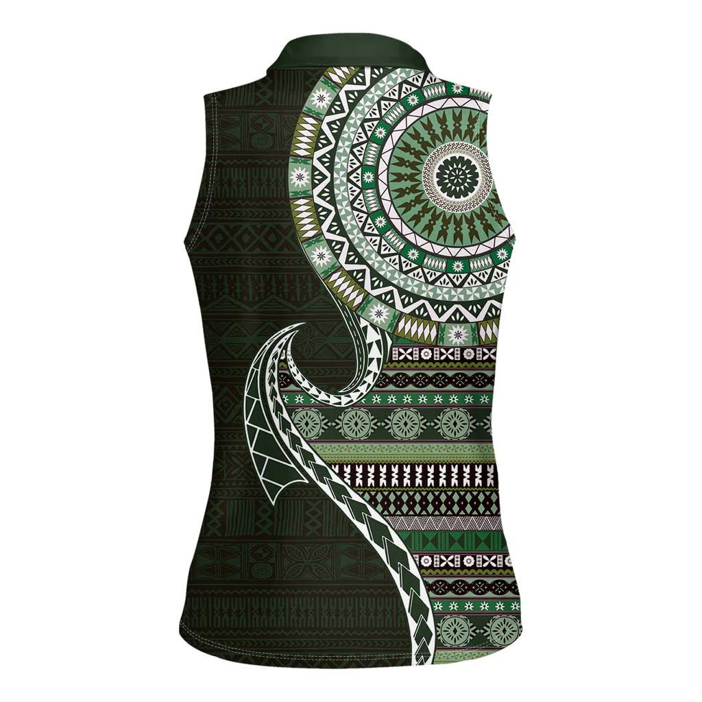 Fijian Masi Tribal Tattoos Art Pattern Women Sleeveless Polo Shirt Green Color Half Style LT03 - Polynesian Pride