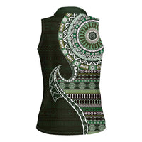 Fijian Masi Tribal Tattoos Art Pattern Women Sleeveless Polo Shirt Green Color Half Style LT03 - Polynesian Pride