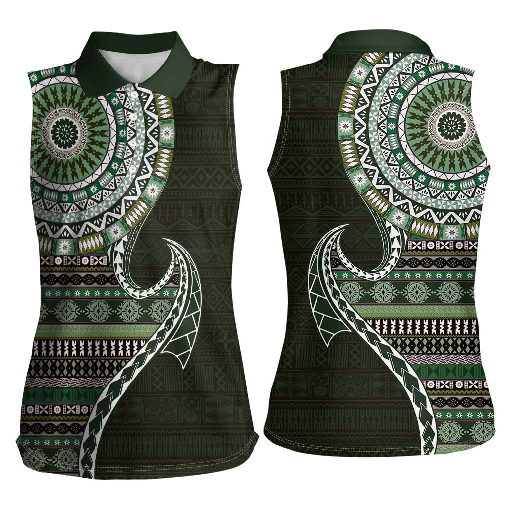 Fijian Masi Tribal Tattoos Art Pattern Women Sleeveless Polo Shirt Green Color Half Style LT03 - Polynesian Pride