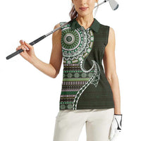 Fijian Masi Tribal Tattoos Art Pattern Women Sleeveless Polo Shirt Green Color Half Style LT03 - Polynesian Pride