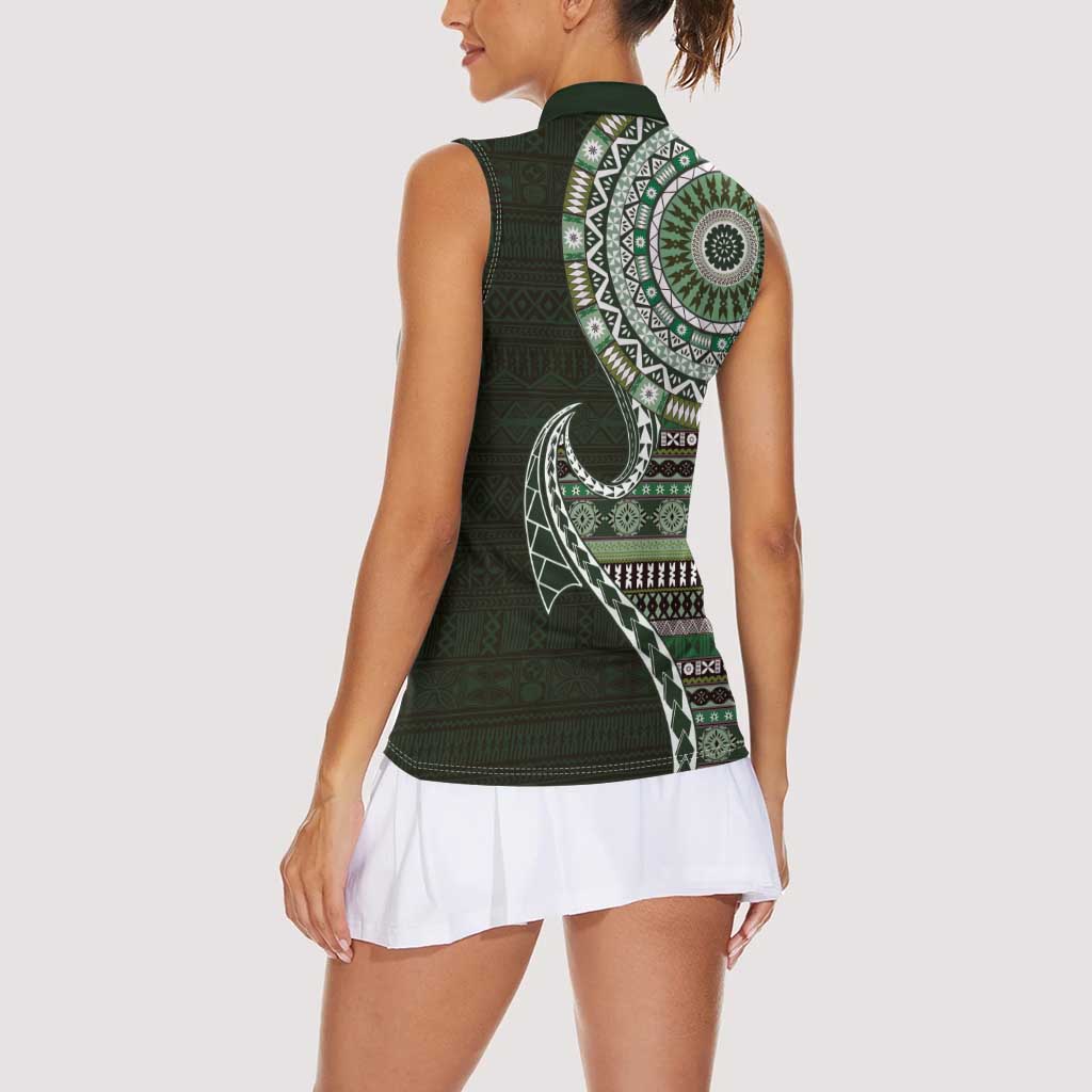 Fijian Masi Tribal Tattoos Art Pattern Women Sleeveless Polo Shirt Green Color Half Style LT03 - Polynesian Pride