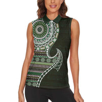 Fijian Masi Tribal Tattoos Art Pattern Women Sleeveless Polo Shirt Green Color Half Style LT03 - Polynesian Pride