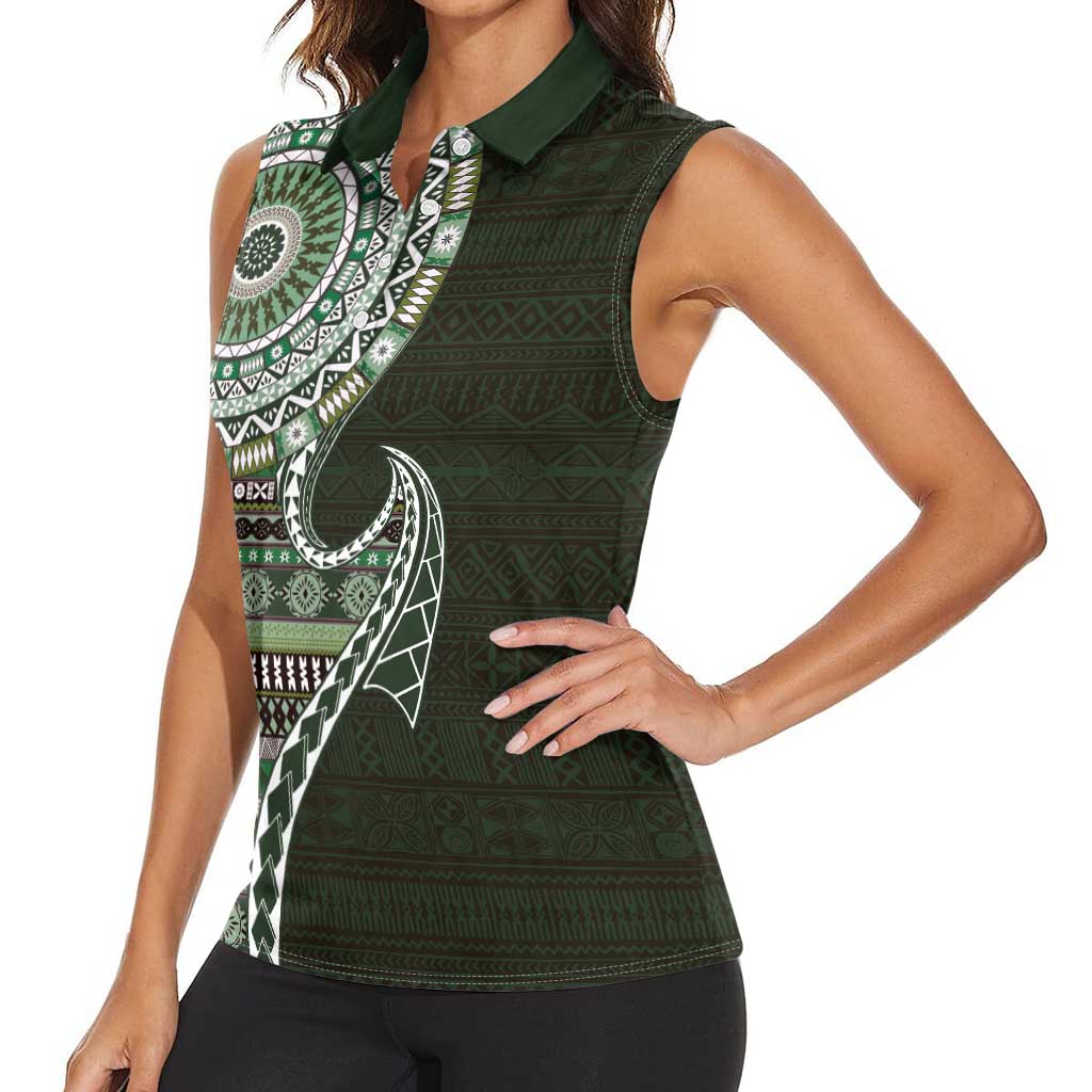 Fijian Masi Tribal Tattoos Art Pattern Women Sleeveless Polo Shirt Green Color Half Style LT03 - Polynesian Pride