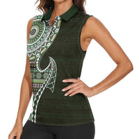 Fijian Masi Tribal Tattoos Art Pattern Women Sleeveless Polo Shirt Green Color Half Style LT03 - Polynesian Pride