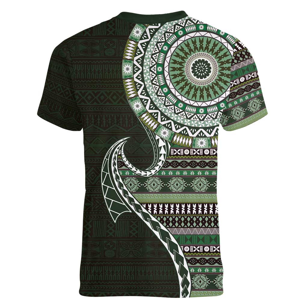 Fijian Masi Tribal Tattoos Art Pattern Women V-Neck T-Shirt Green Color Half Style LT03 - Polynesian Pride