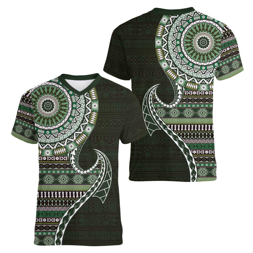 Fijian Masi Tribal Tattoos Art Pattern Women V-Neck T-Shirt Green Color Half Style LT03 - Polynesian Pride